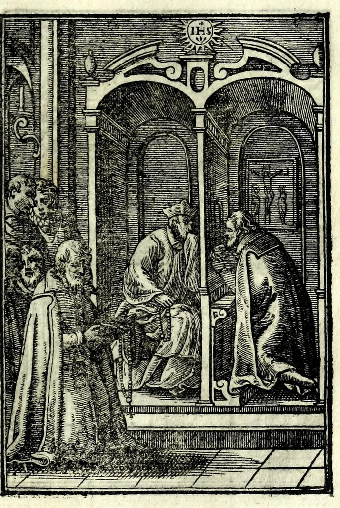 An illustration from Petrou Kanisiou tou tēs Etaireias Iēsou theologou Katēchismos eikonismenos, 1613, leaf 75