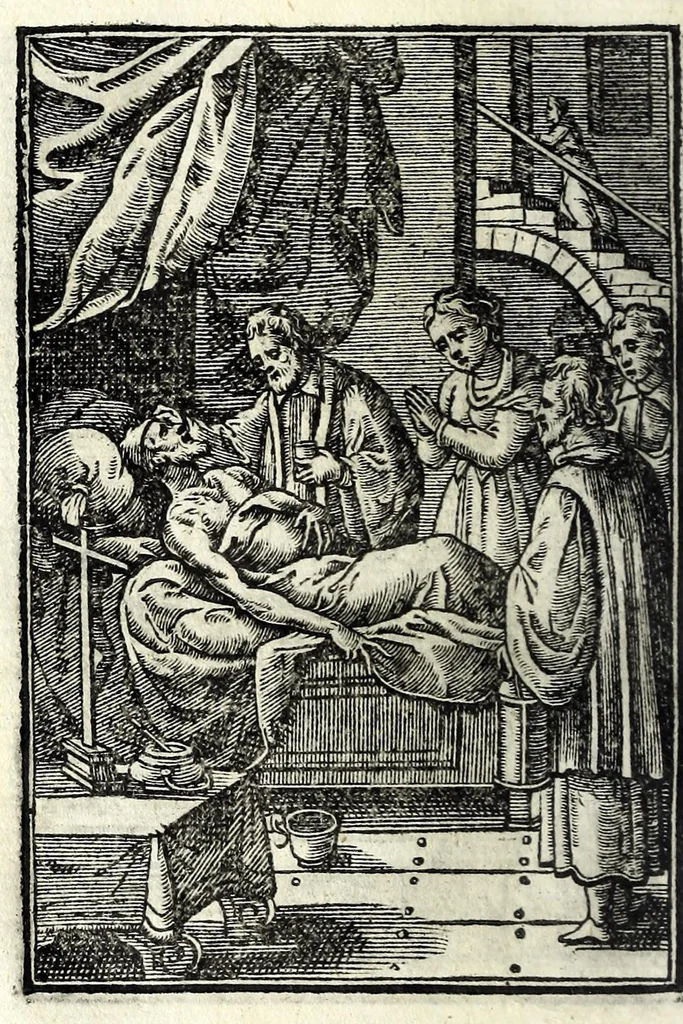 An illustration from Petrou Kanisiou tou tēs Etaireias Iēsou theologou Katēchismos eikonismenos, 1613, leaf 76