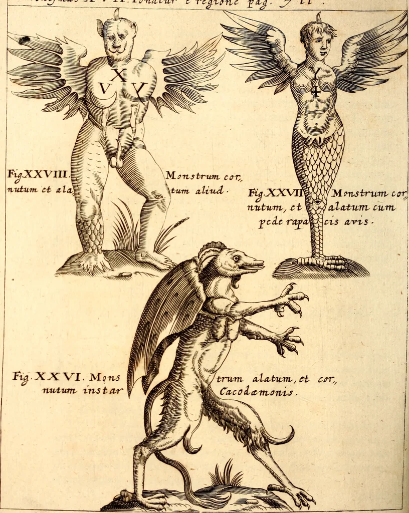 An illustration from P. Gasparis Schotti, regis curtani ... Physica curiosa, sive, Mirabilia naturæ et artis libris XII. comprehensa : quibus pleraq[ue], quæ de angelis, dæmonibus, hominibus, spectris, energumenis, monstris, portentis, animalibus, meteoris, &c. rara, arcana, curiosaq[ue] circumferuntur, ad veritatis trutinam expenduntur : variis ex historia ac philosophia petitis disquisitionibus excutiuntur, & innumeris exemplis illustrantur .., 1662, leaf 809