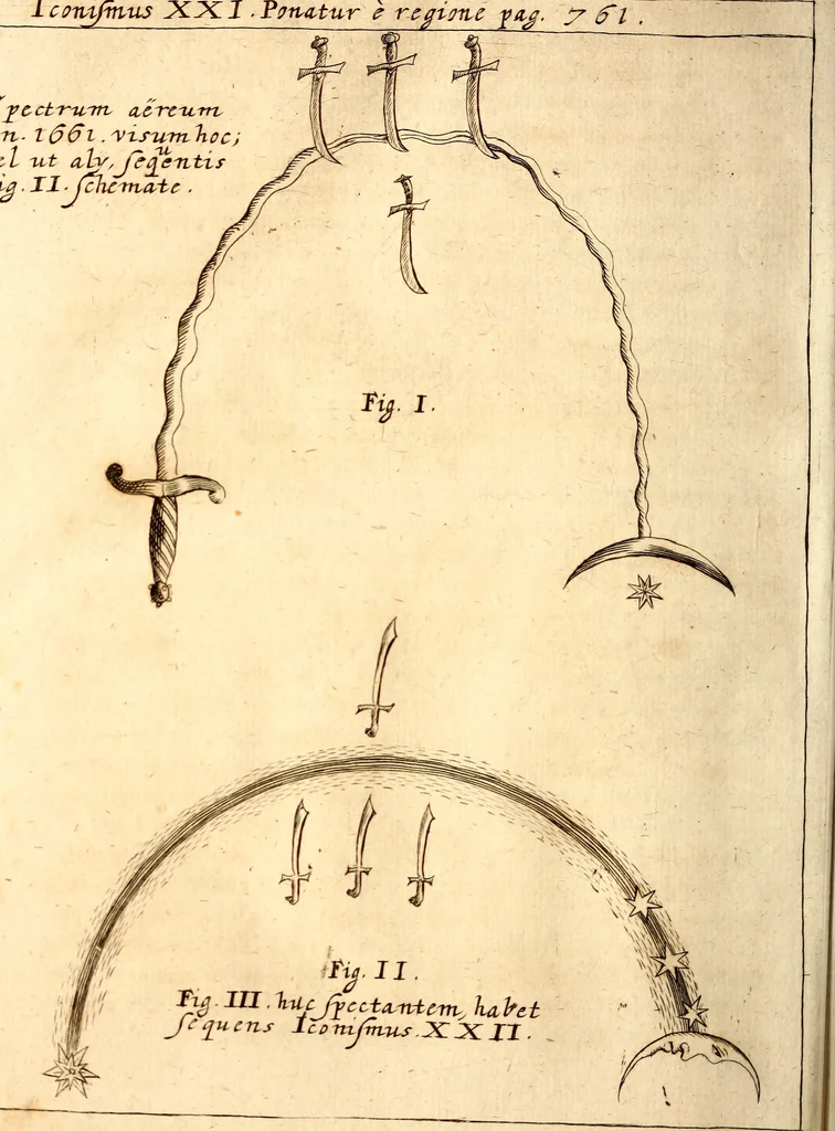 An illustration from P. Gasparis Schotti, regis curtani ... Physica curiosa, sive, Mirabilia naturæ et artis libris XII. comprehensa : quibus pleraq[ue], quæ de angelis, dæmonibus, hominibus, spectris, energumenis, monstris, portentis, animalibus, meteoris, &c. rara, arcana, curiosaq[ue] circumferuntur, ad veritatis trutinam expenduntur : variis ex historia ac philosophia petitis disquisitionibus excutiuntur, & innumeris exemplis illustrantur .., 1662, leaf 867