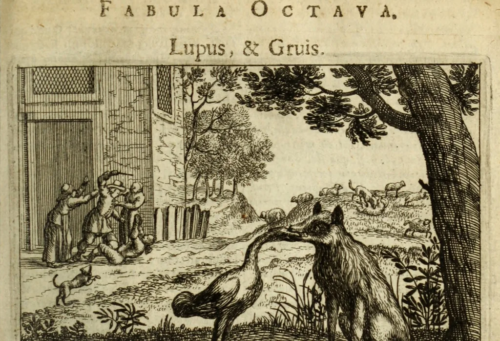 An illustration from Phaedri, Augusti Caesaris liberti, Fabularum Aesopiarum libri quinque ; notis perpetuis illustrati, & cum integris aliorum observationibvs, 1667, leaf 102