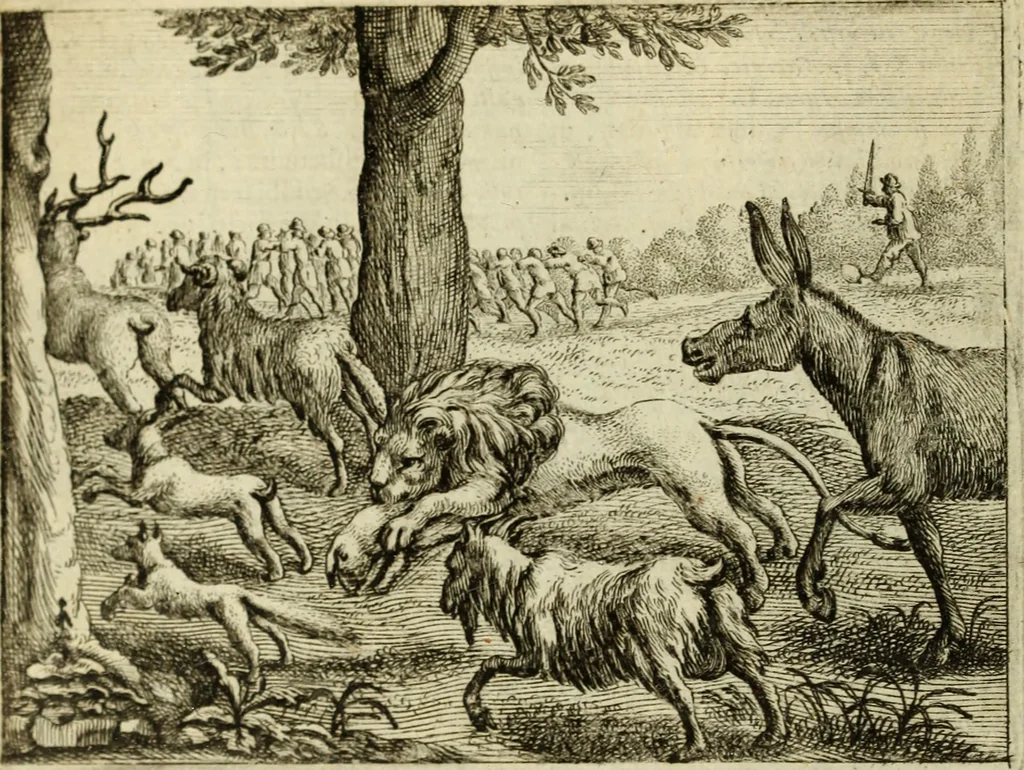 An illustration from Phaedri, Augusti Caesaris liberti, Fabularum Aesopiarum libri quinque ; notis perpetuis illustrati, & cum integris aliorum observationibvs, 1667, leaf 111