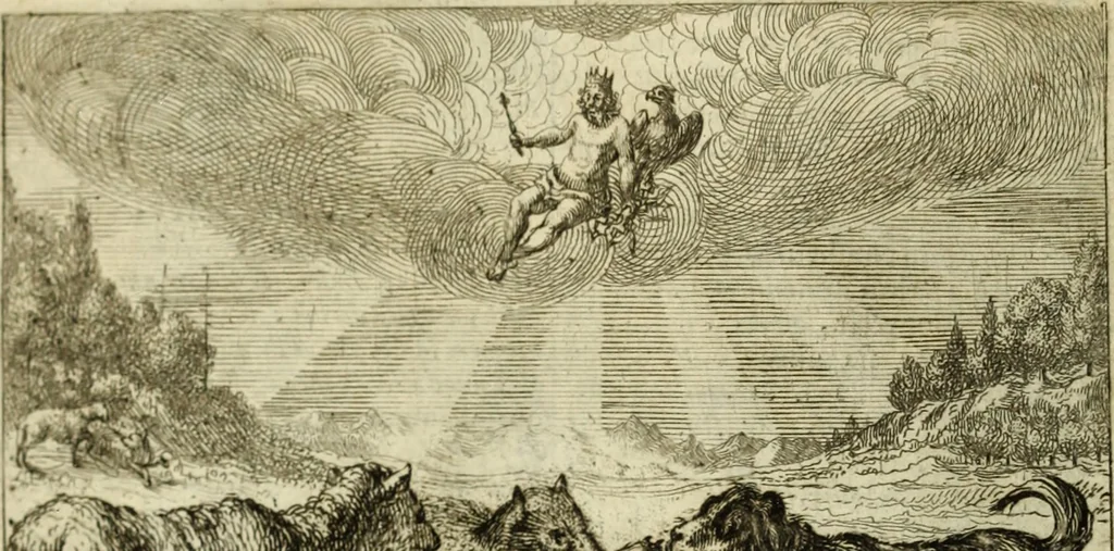 An illustration from Phaedri, Augusti Caesaris liberti, Fabularum Aesopiarum libri quinque ; notis perpetuis illustrati, & cum integris aliorum observationibvs, 1667, leaf 127