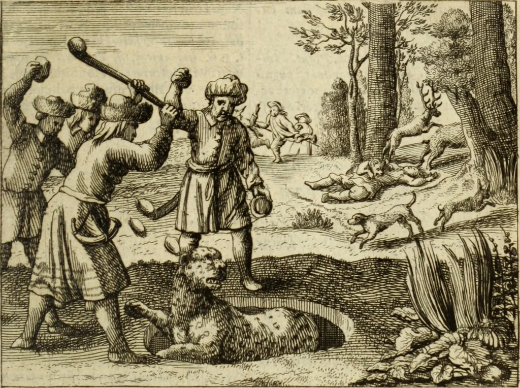 An illustration from Phaedri, Augusti Caesaris liberti, Fabularum Aesopiarum libri quinque ; notis perpetuis illustrati, & cum integris aliorum observationibvs, 1667, leaf 220