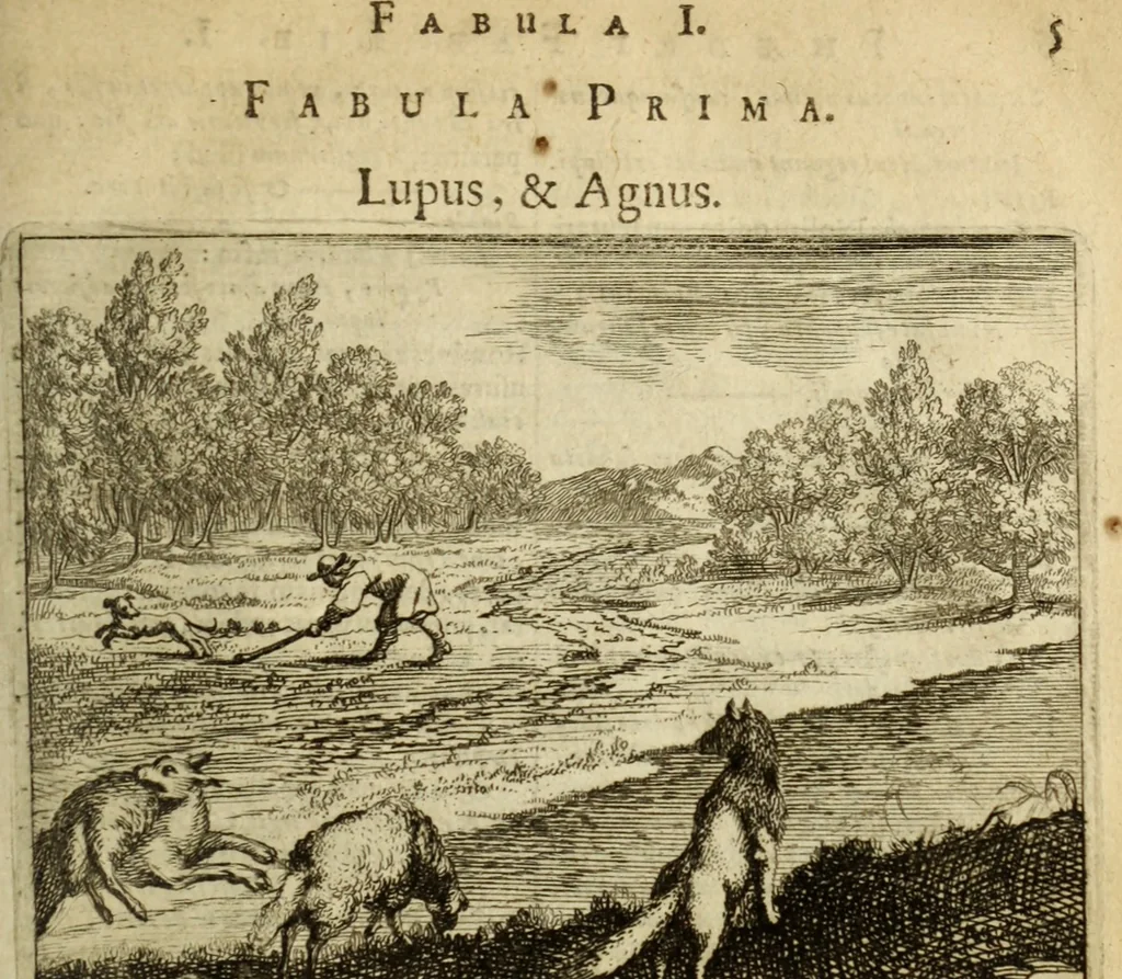 An illustration from Phaedri, Augusti Caesaris liberti, Fabularum Aesopiarum libri quinque ; notis perpetuis illustrati, & cum integris aliorum observationibvs, 1667, leaf 76
