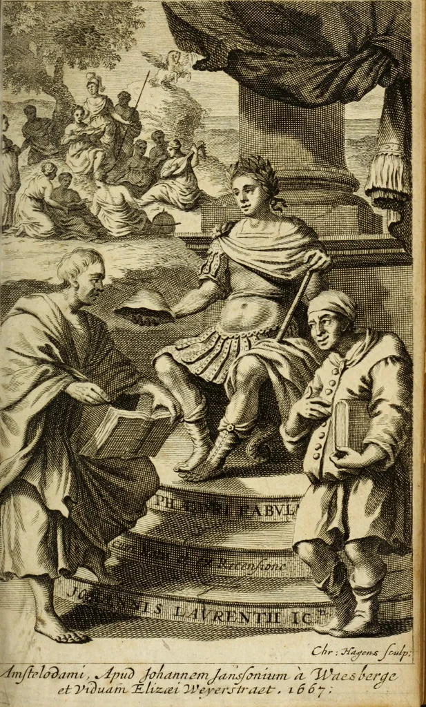 An illustration from Phaedri, Augusti Caesaris liberti, Fabularum Aesopiarum libri quinque ; notis perpetuis illustrati, & cum integris aliorum observationibvs, 1667, leaf 8