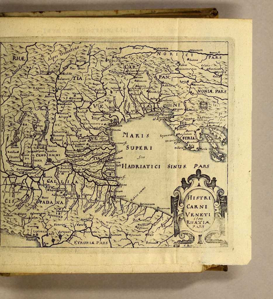 An illustration from Philippi Cluveri[i] Introductionis in universam geographiam, tam veterem quam novam ,libri VI. : Tabulis æneis illustrati, & gemino indice aucti. Cui adjuncta est Danielis Heinsii Oratio in obitum ejusdem Philippi Cluveri[i], 1641, leaf 159