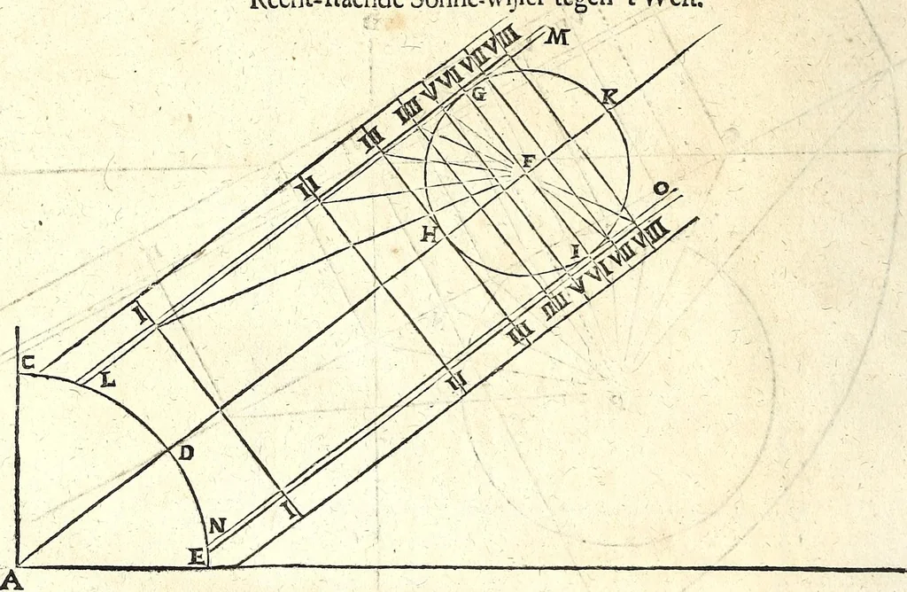 An illustration from Philippi Lansbergii Beschrijvingh der vlacke sonne-wysers : in welcke de waere manier, om deselve op allerhande vlackten te betrecken, volgens wiskonstige regulen geleert, ende door een groot getal vertoog-schetzen aengewesen werdt, 1675, leaf 32