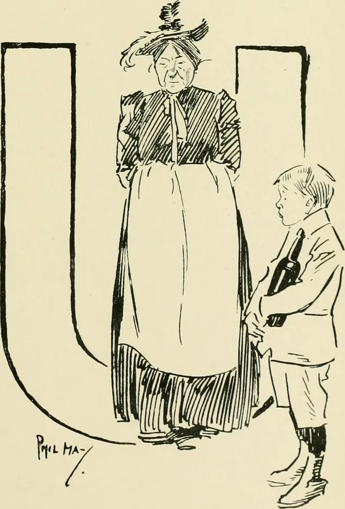An illustration from Phil May's ABC; fifty-two original designs forming two humorous alphabets from A to Z, 1897, leaf 104