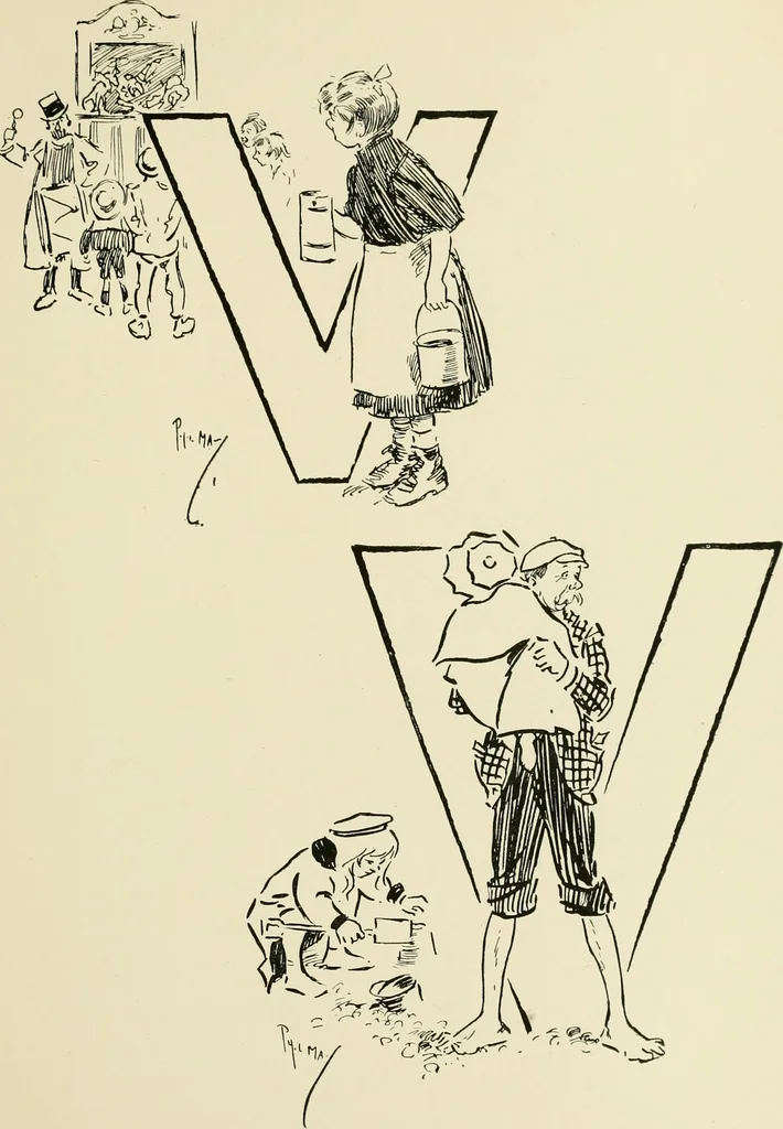 An illustration from Phil May's ABC; fifty-two original designs forming two humorous alphabets from A to Z, 1897, leaf 106