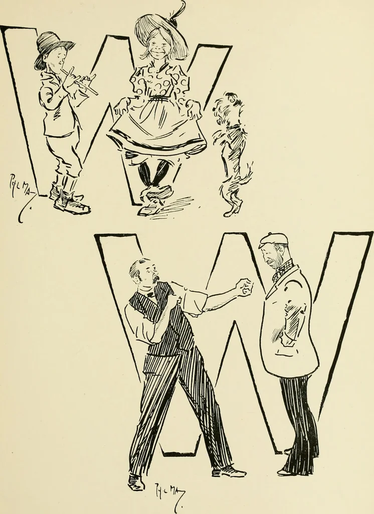 An illustration from Phil May's ABC; fifty-two original designs forming two humorous alphabets from A to Z, 1897, leaf 108