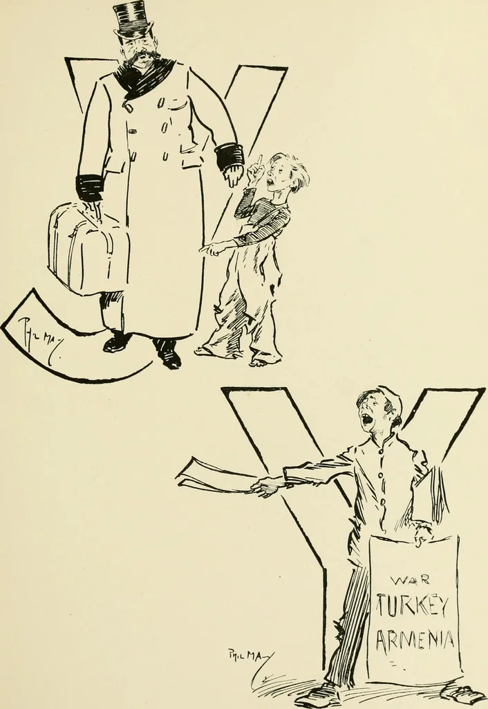 An illustration from Phil May's ABC; fifty-two original designs forming two humorous alphabets from A to Z, 1897, leaf 112