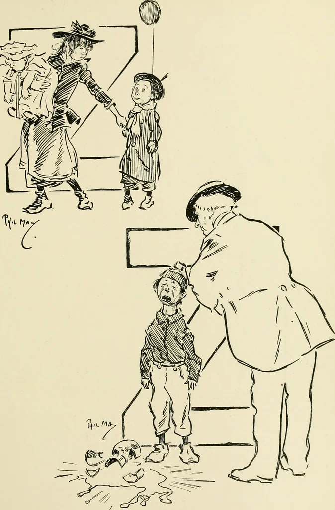 An illustration from Phil May's ABC; fifty-two original designs forming two humorous alphabets from A to Z, 1897, leaf 114