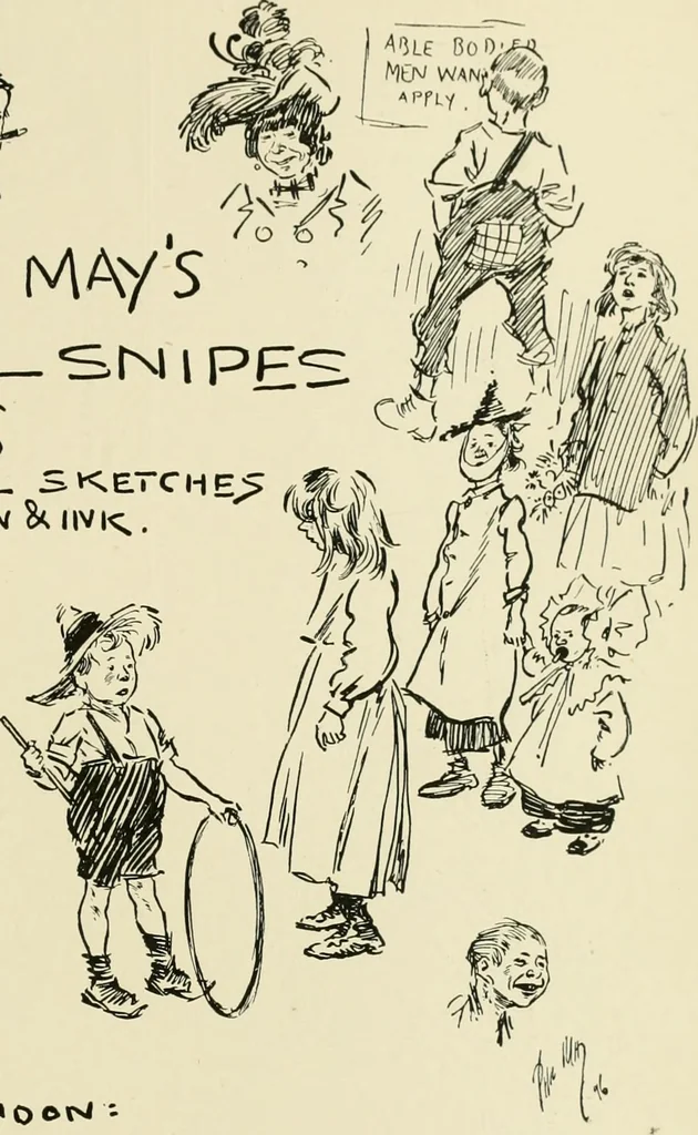 An illustration from Phil May's ABC; fifty-two original designs forming two humorous alphabets from A to Z, 1897, leaf 116