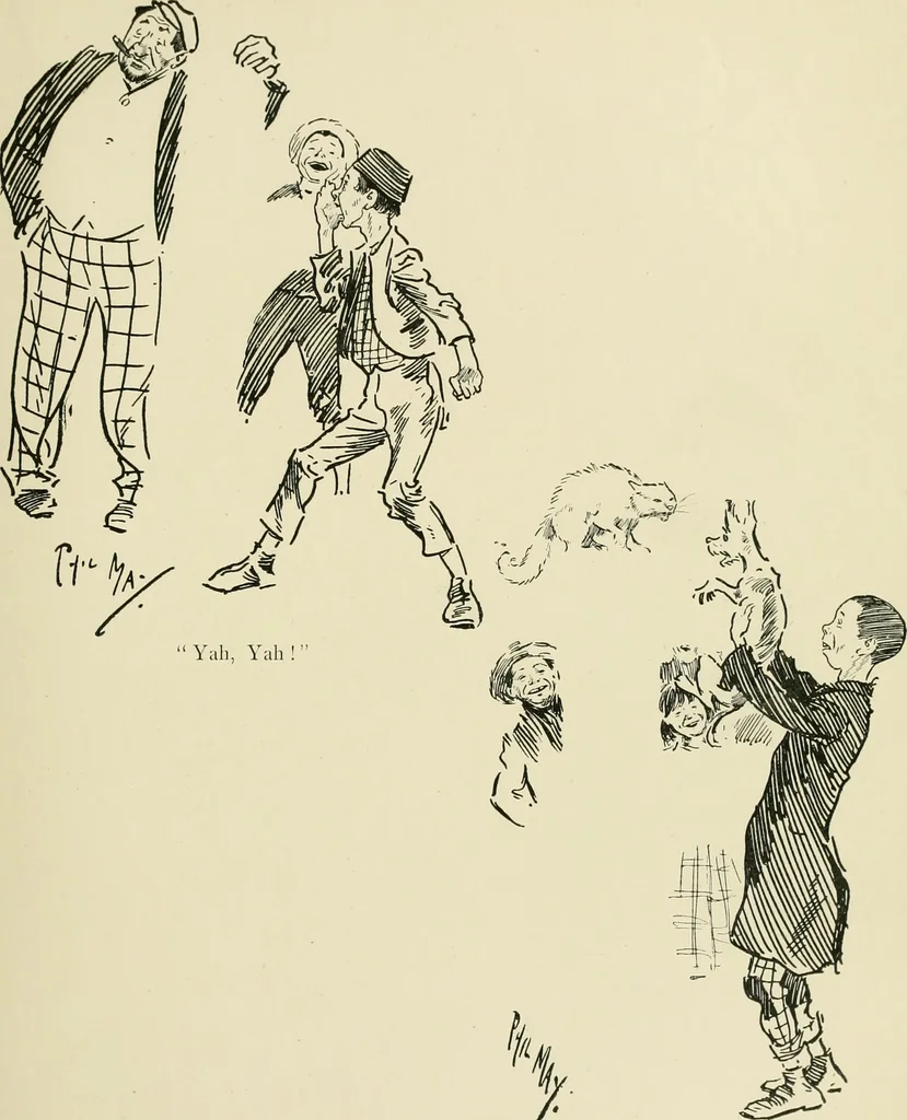 An illustration from Phil May's ABC; fifty-two original designs forming two humorous alphabets from A to Z, 1897, leaf 14