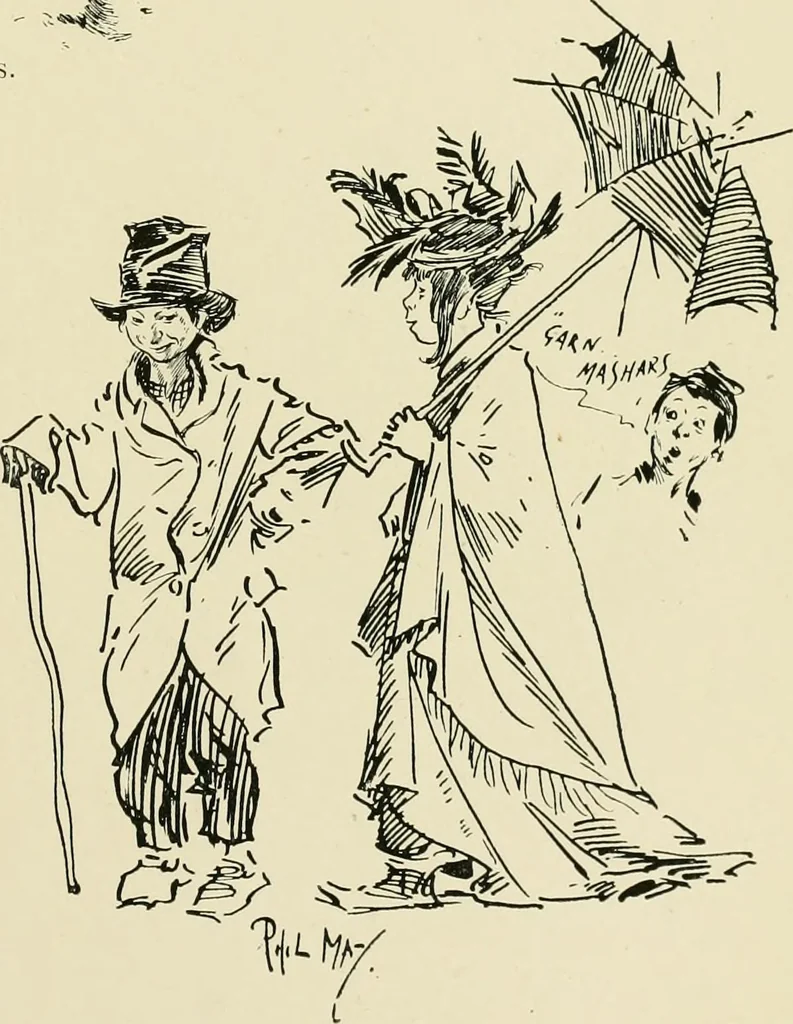 An illustration from Phil May's ABC; fifty-two original designs forming two humorous alphabets from A to Z, 1897, leaf 16