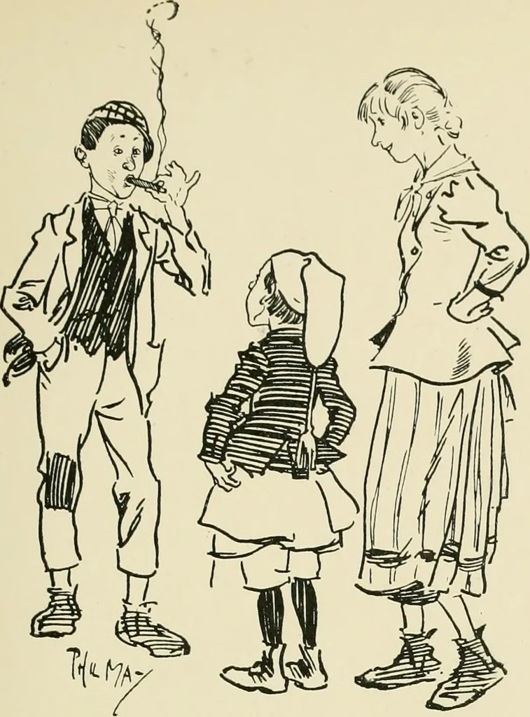 An illustration from Phil May's ABC; fifty-two original designs forming two humorous alphabets from A to Z, 1897, leaf 18