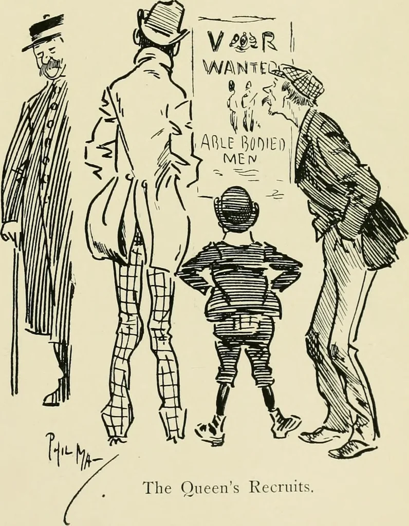 An illustration from Phil May's ABC; fifty-two original designs forming two humorous alphabets from A to Z, 1897, leaf 20