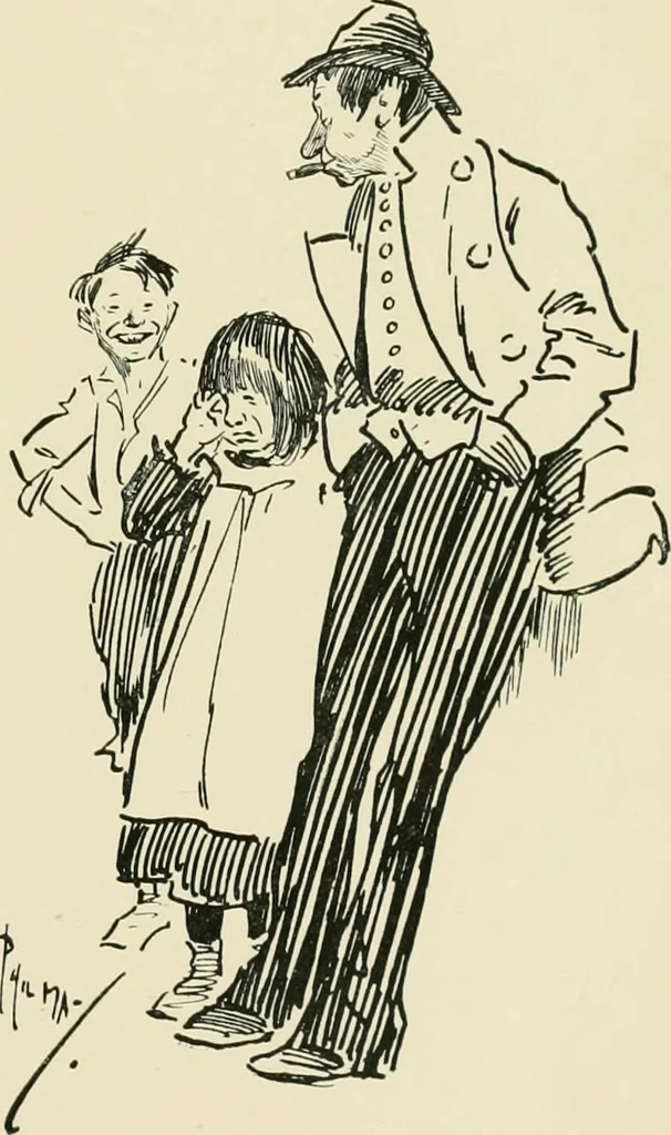 An illustration from Phil May's ABC; fifty-two original designs forming two humorous alphabets from A to Z, 1897, leaf 28