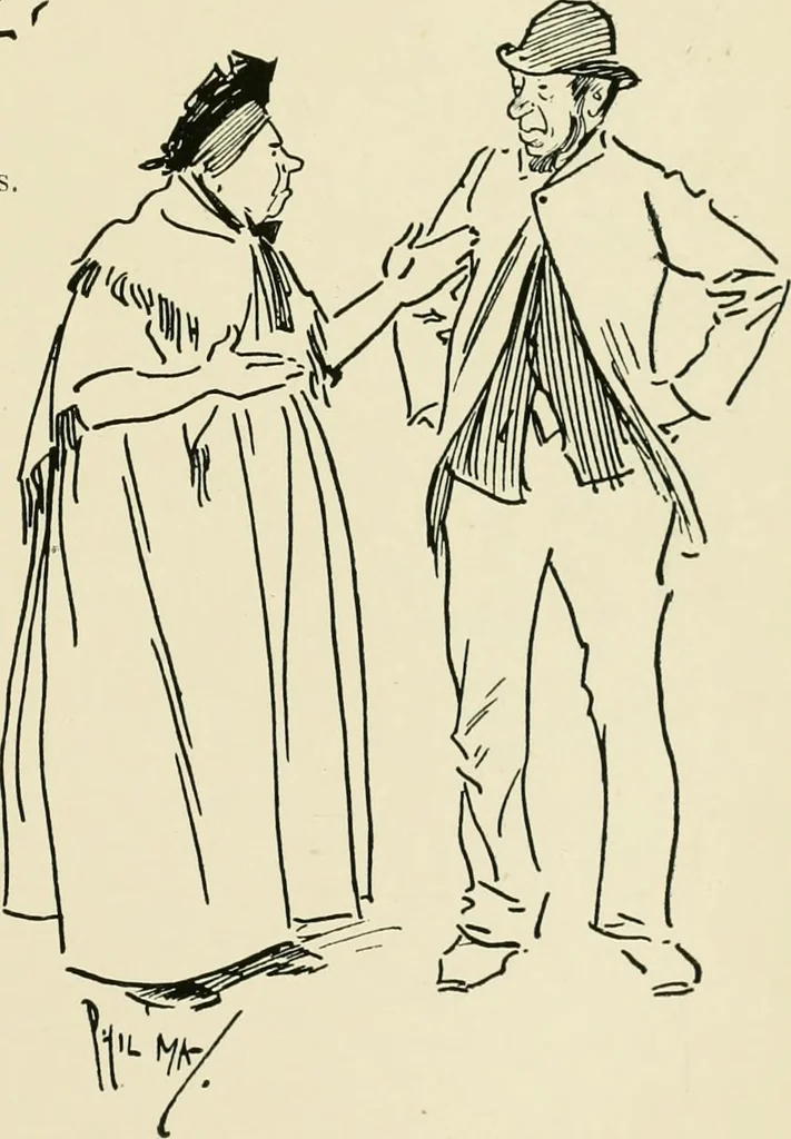 An illustration from Phil May's ABC; fifty-two original designs forming two humorous alphabets from A to Z, 1897, leaf 32