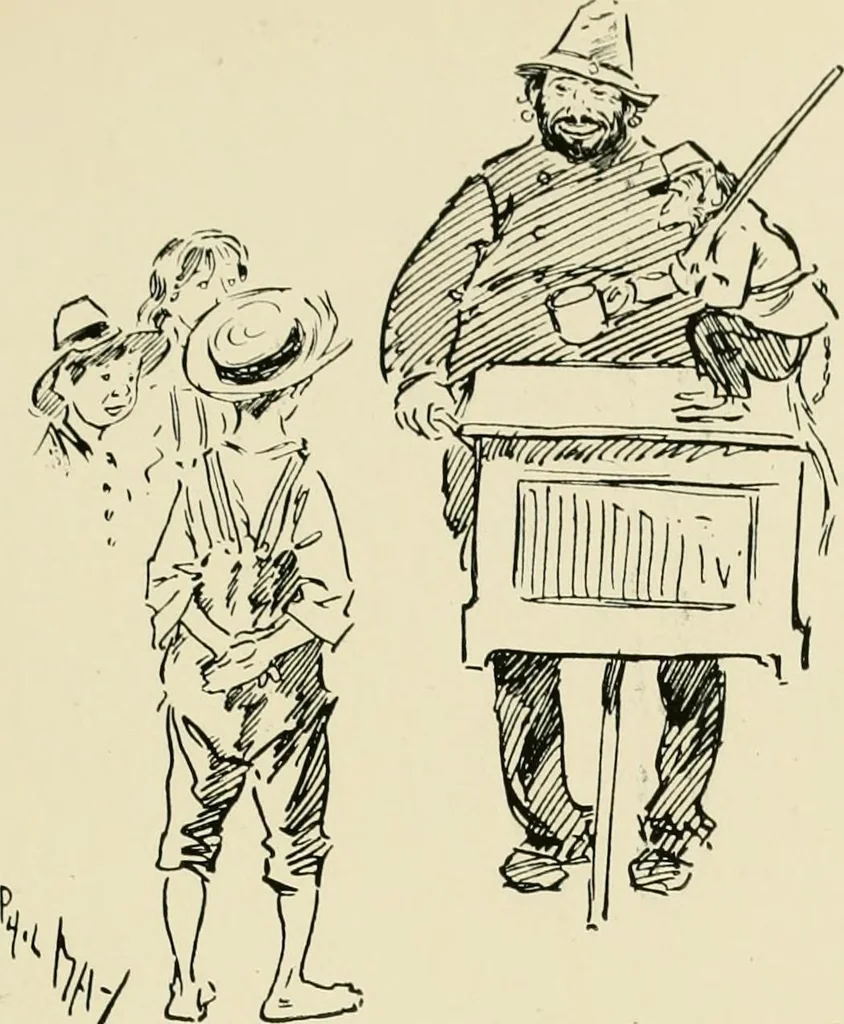 An illustration from Phil May's ABC; fifty-two original designs forming two humorous alphabets from A to Z, 1897, leaf 34