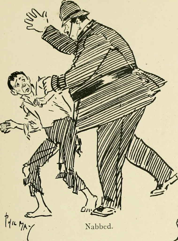 An illustration from Phil May's ABC; fifty-two original designs forming two humorous alphabets from A to Z, 1897, leaf 42
