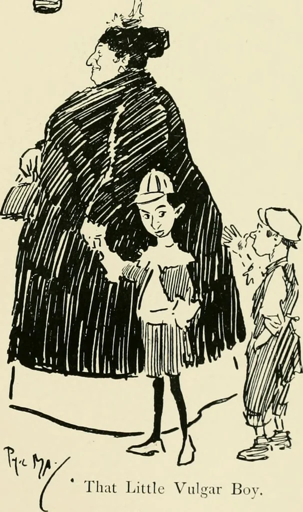 An illustration from Phil May's ABC; fifty-two original designs forming two humorous alphabets from A to Z, 1897, leaf 44