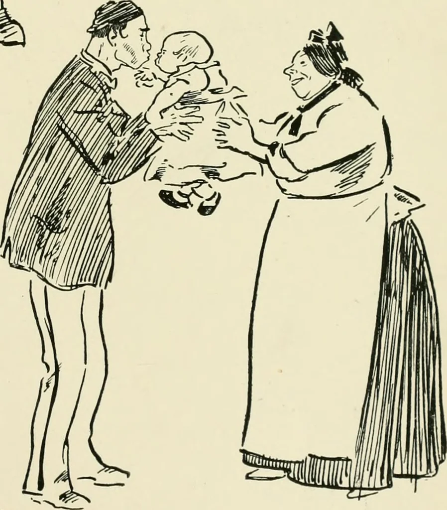 An illustration from Phil May's ABC; fifty-two original designs forming two humorous alphabets from A to Z, 1897, leaf 46