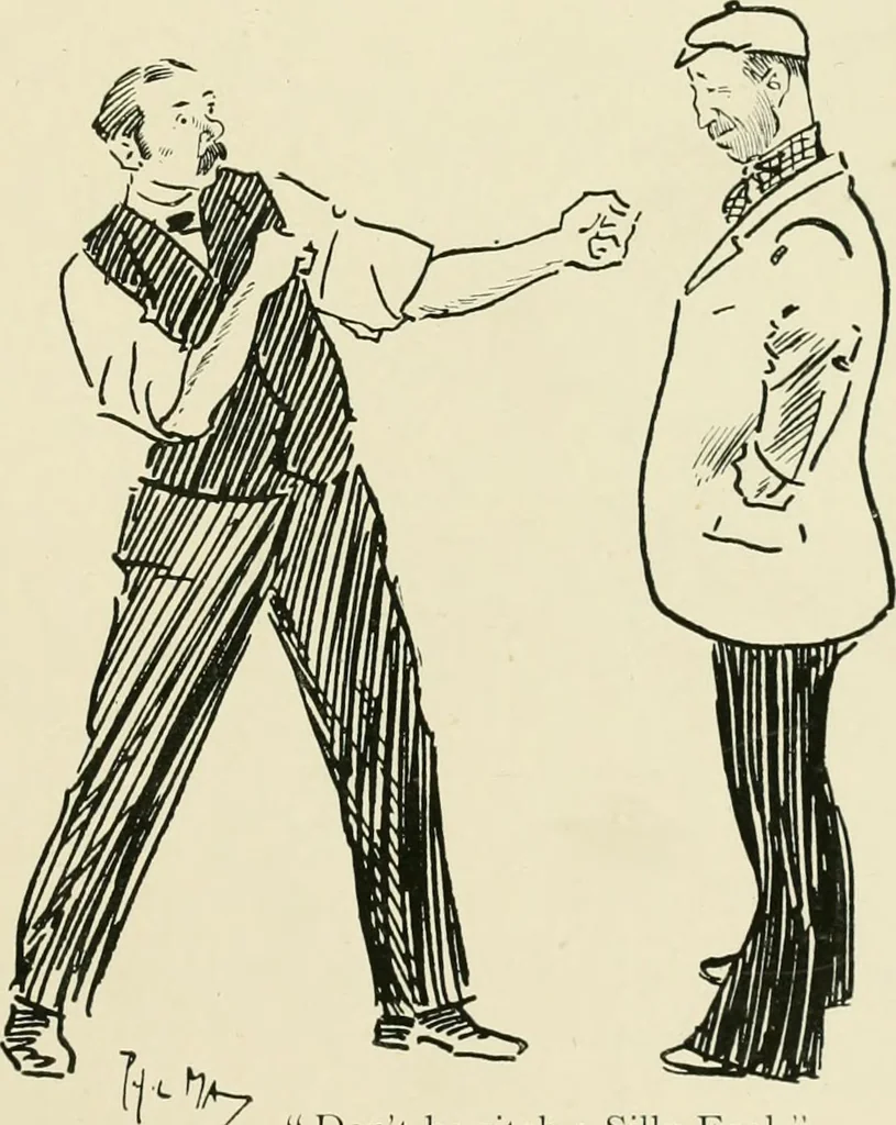 An illustration from Phil May's ABC; fifty-two original designs forming two humorous alphabets from A to Z, 1897, leaf 56