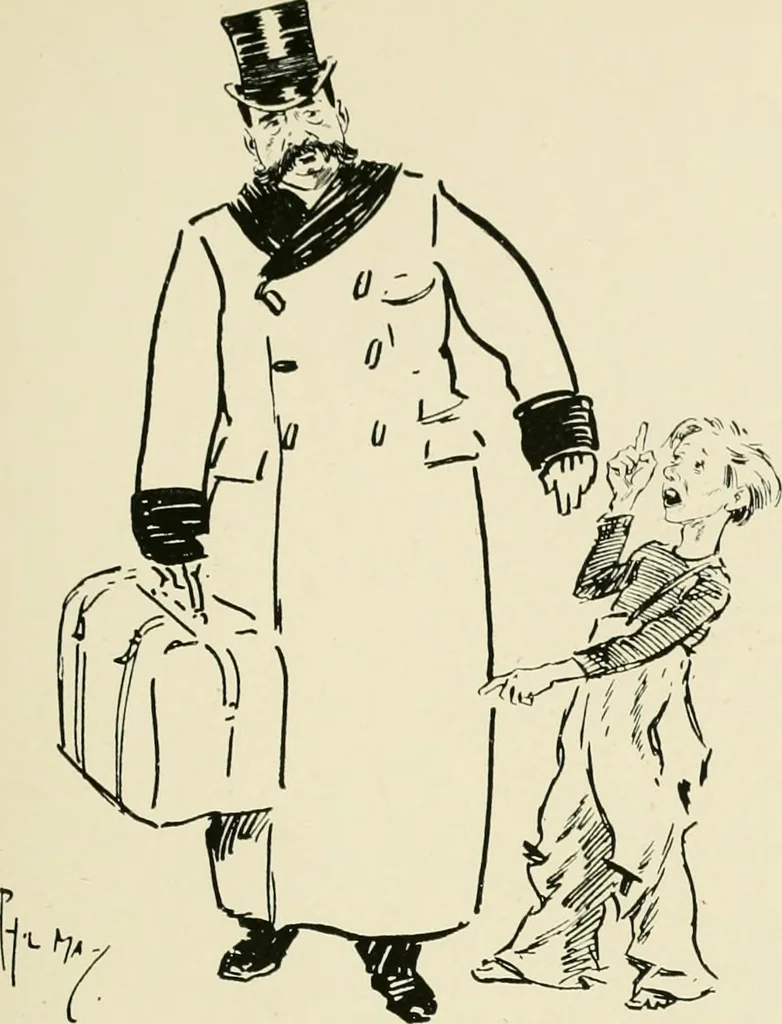 An illustration from Phil May's ABC; fifty-two original designs forming two humorous alphabets from A to Z, 1897, leaf 60