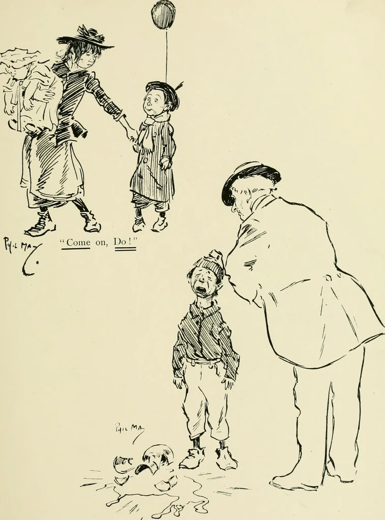 An illustration from Phil May's ABC; fifty-two original designs forming two humorous alphabets from A to Z, 1897, leaf 62
