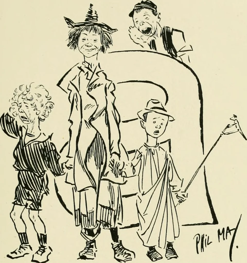 An illustration from Phil May's ABC; fifty-two original designs forming two humorous alphabets from A to Z, 1897, leaf 64