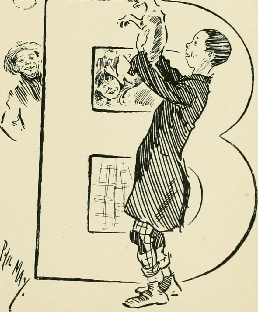 An illustration from Phil May's ABC; fifty-two original designs forming two humorous alphabets from A to Z, 1897, leaf 66
