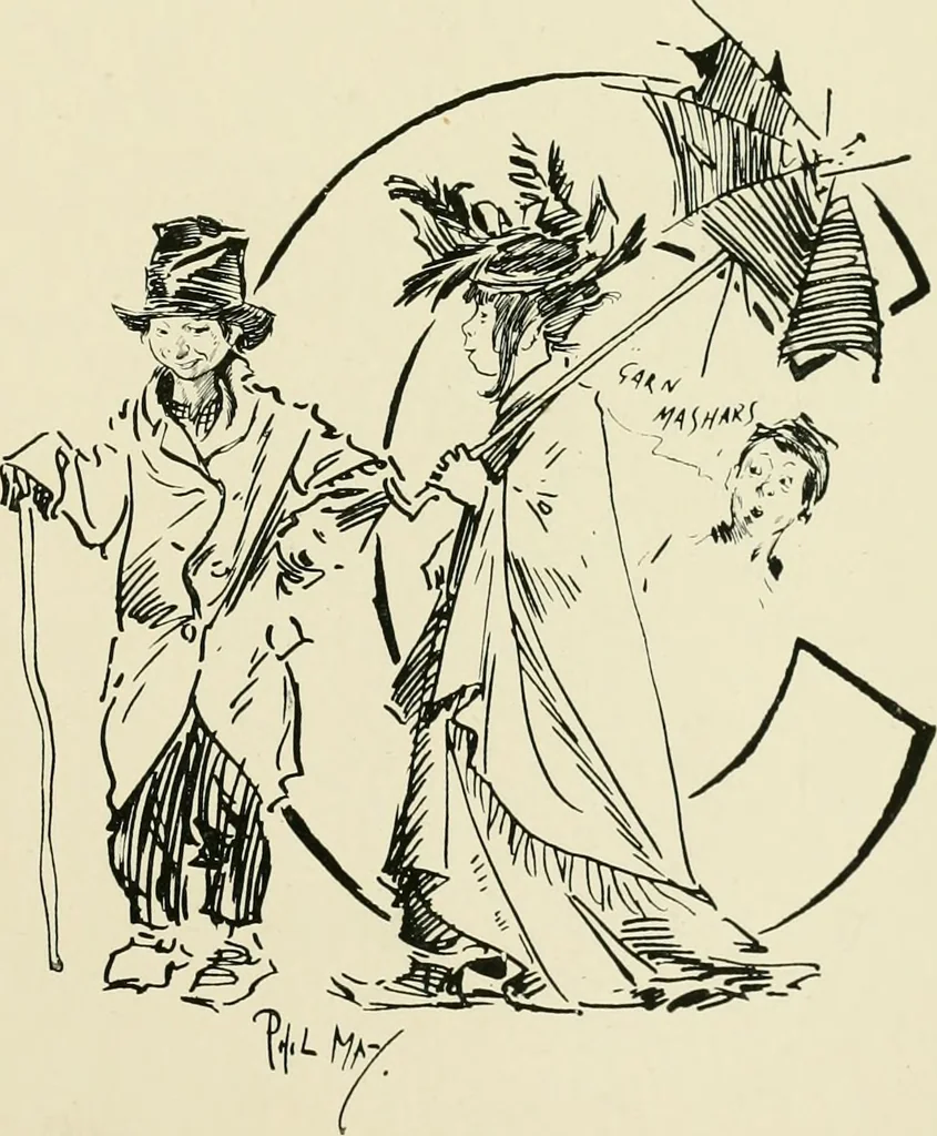 An illustration from Phil May's ABC; fifty-two original designs forming two humorous alphabets from A to Z, 1897, leaf 68