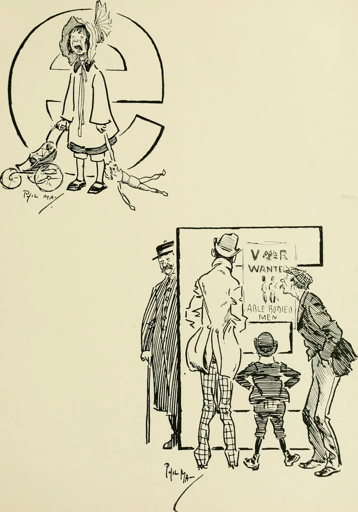 An illustration from Phil May's ABC; fifty-two original designs forming two humorous alphabets from A to Z, 1897, leaf 72