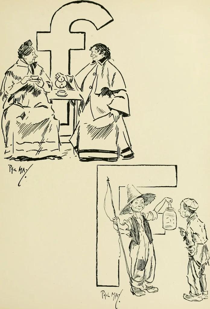 An illustration from Phil May's ABC; fifty-two original designs forming two humorous alphabets from A to Z, 1897, leaf 74