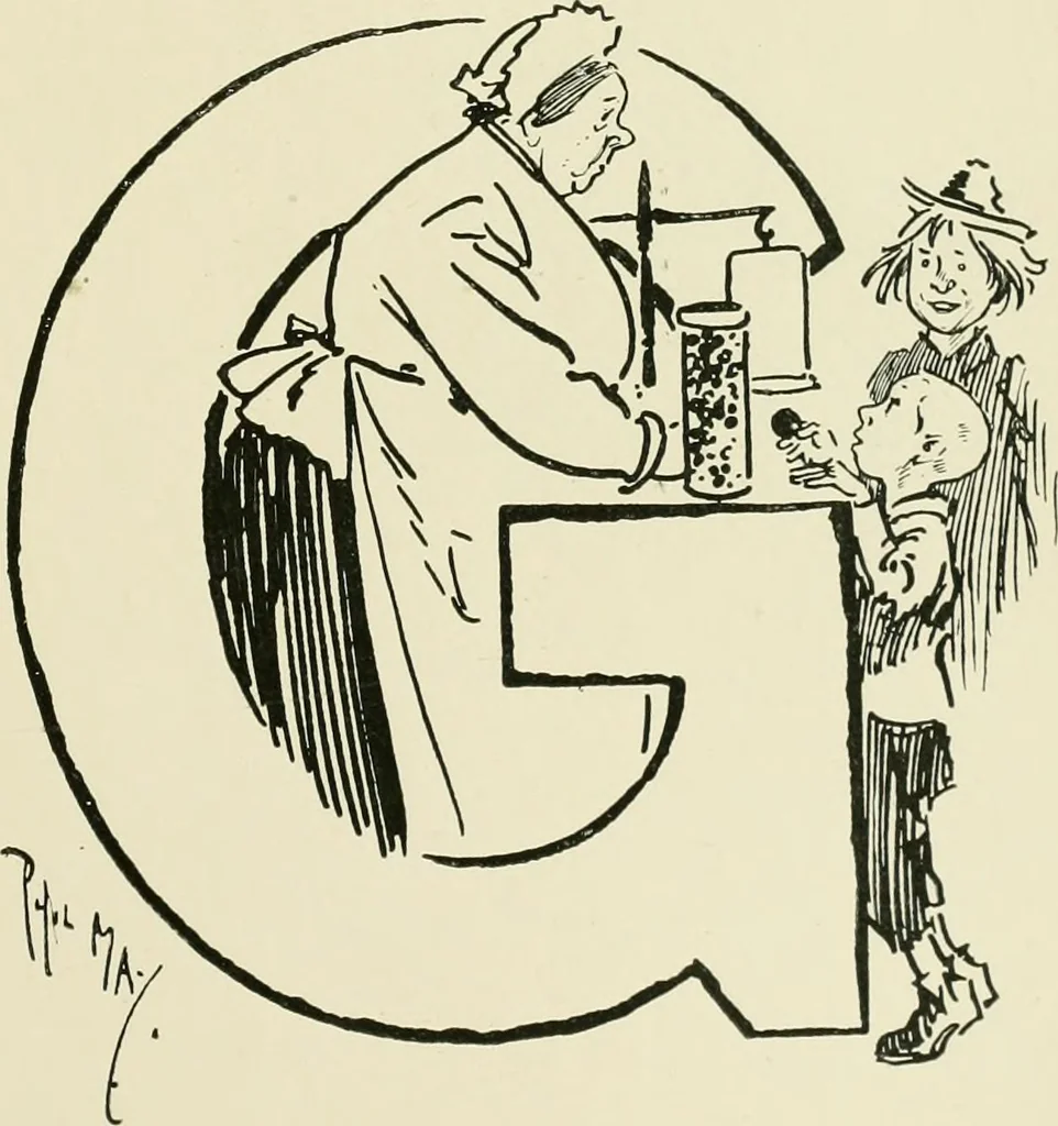 An illustration from Phil May's ABC; fifty-two original designs forming two humorous alphabets from A to Z, 1897, leaf 76