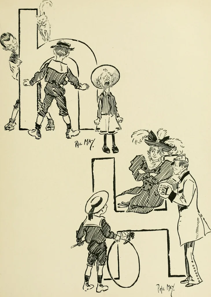 An illustration from Phil May's ABC; fifty-two original designs forming two humorous alphabets from A to Z, 1897, leaf 78