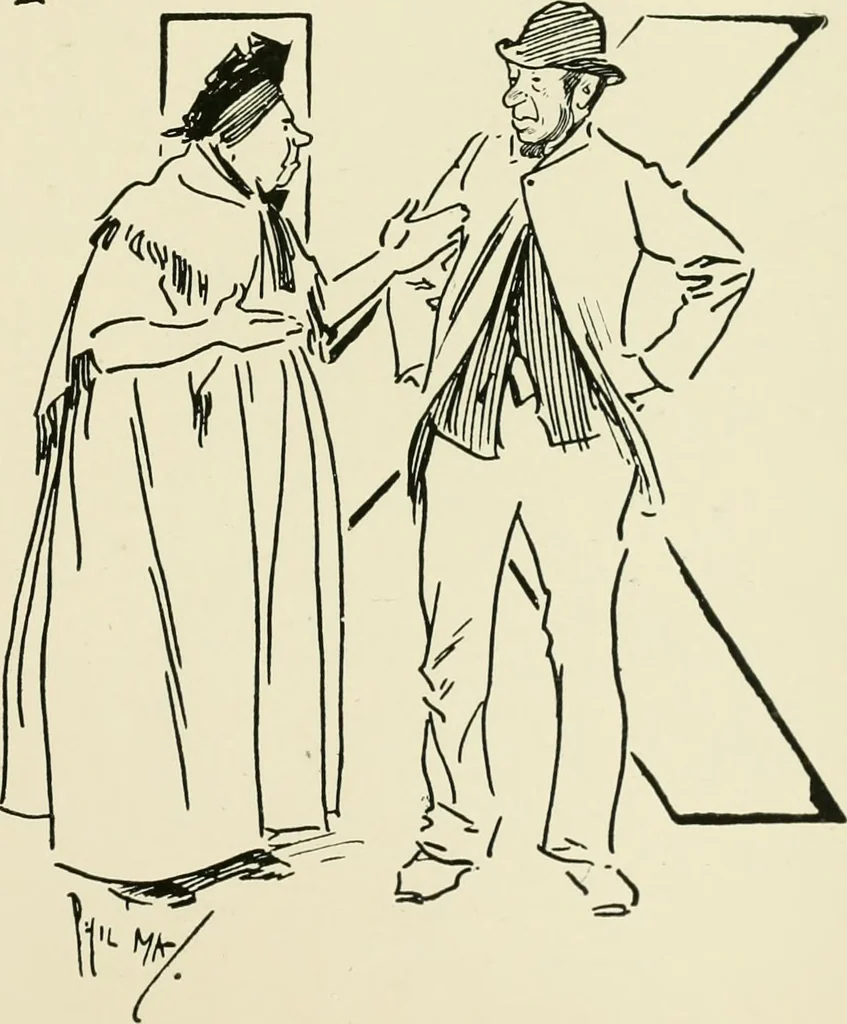 An illustration from Phil May's ABC; fifty-two original designs forming two humorous alphabets from A to Z, 1897, leaf 84