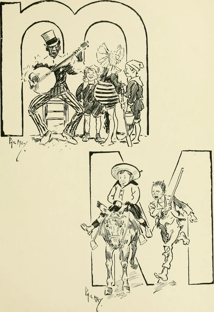 An illustration from Phil May's ABC; fifty-two original designs forming two humorous alphabets from A to Z, 1897, leaf 88