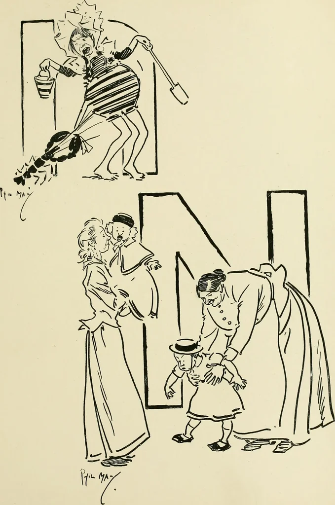 An illustration from Phil May's ABC; fifty-two original designs forming two humorous alphabets from A to Z, 1897, leaf 90
