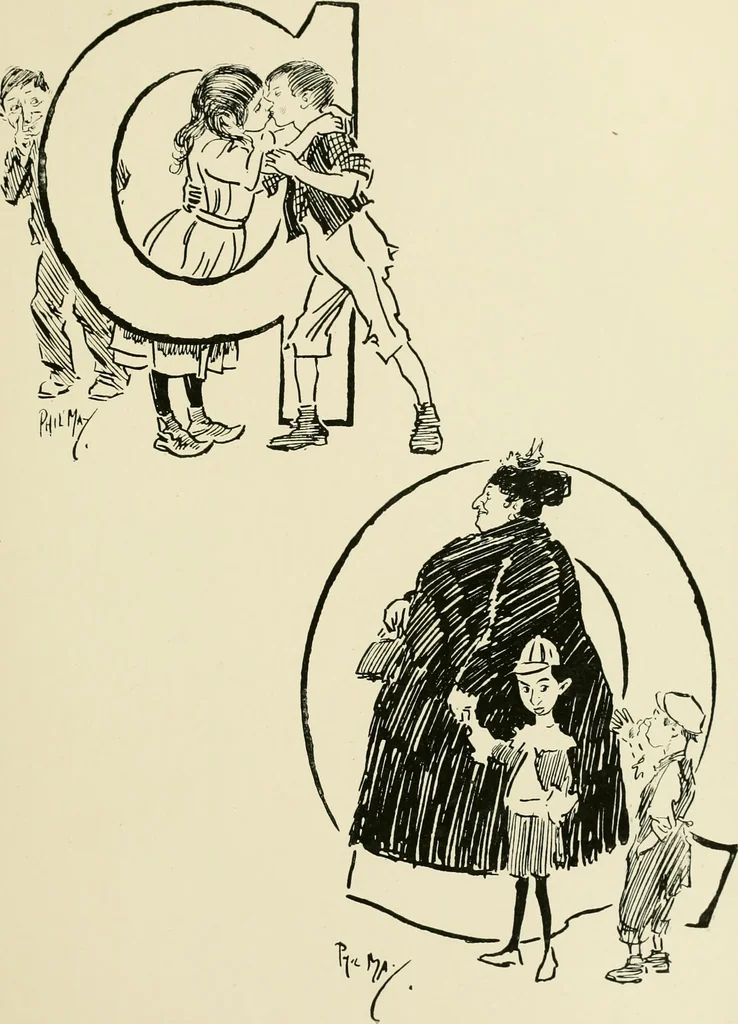 An illustration from Phil May's ABC; fifty-two original designs forming two humorous alphabets from A to Z, 1897, leaf 96