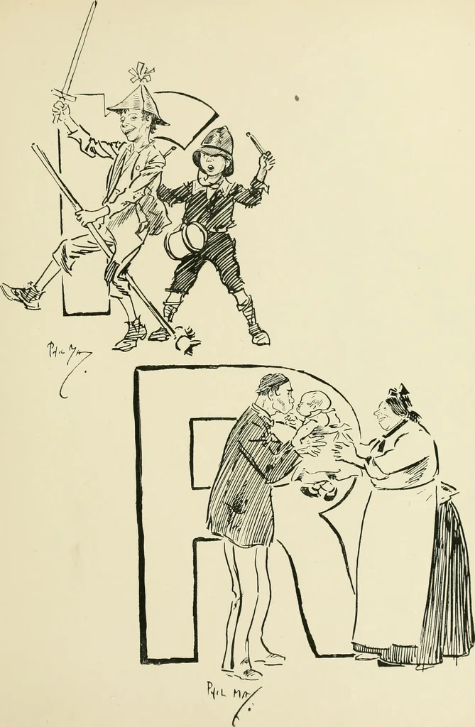 An illustration from Phil May's ABC; fifty-two original designs forming two humorous alphabets from A to Z, 1897, leaf 98