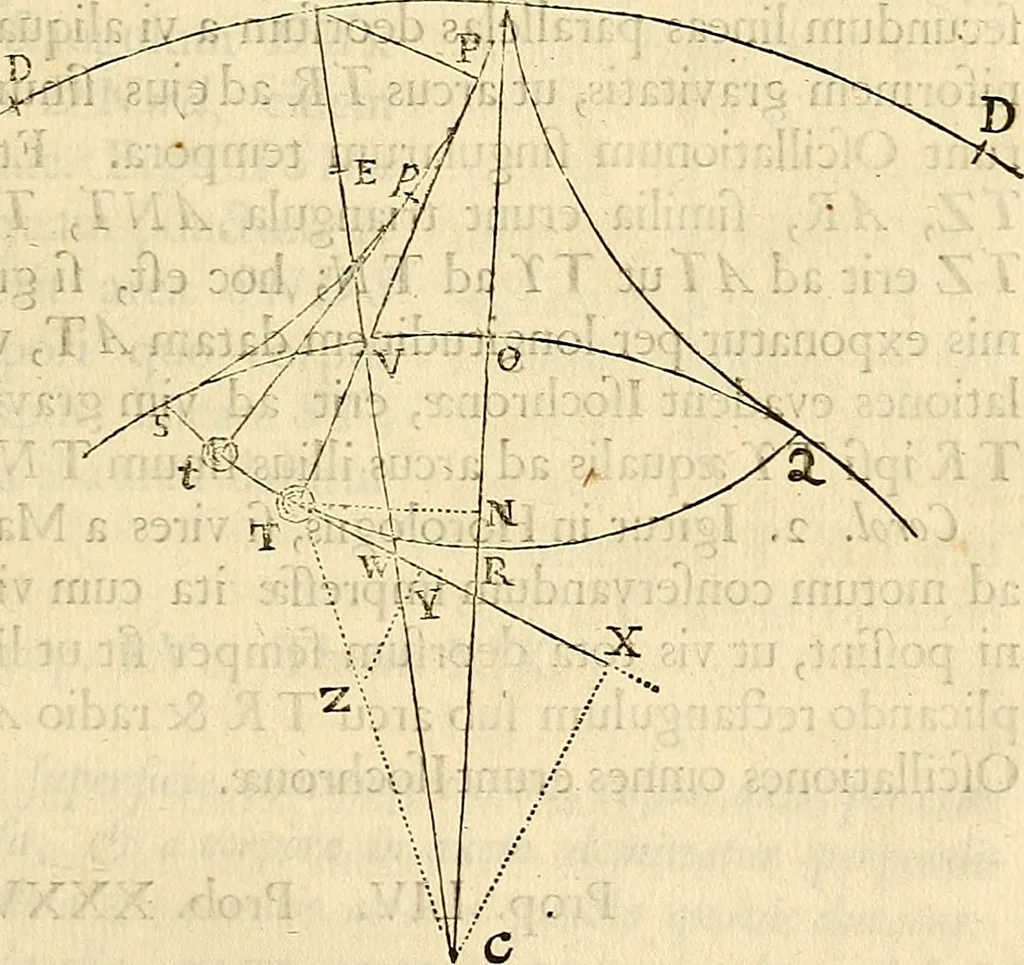 An illustration from Philosophiae naturalis principia mathematica, 1687, leaf 170