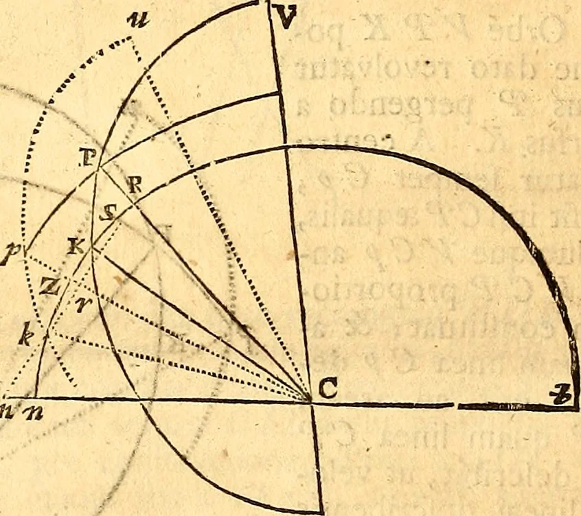 An illustration from Philosophiae naturalis principia mathematica, 1723, leaf 157