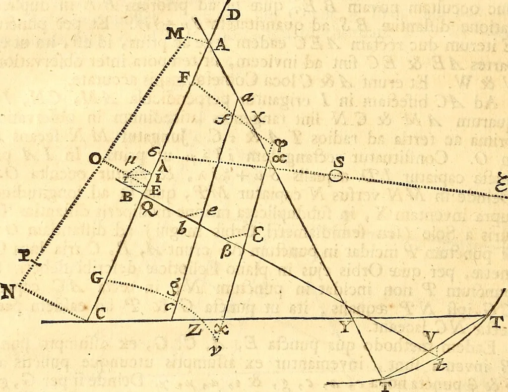 An illustration from Philosophiae naturalis principia mathematica, 1723, leaf 489
