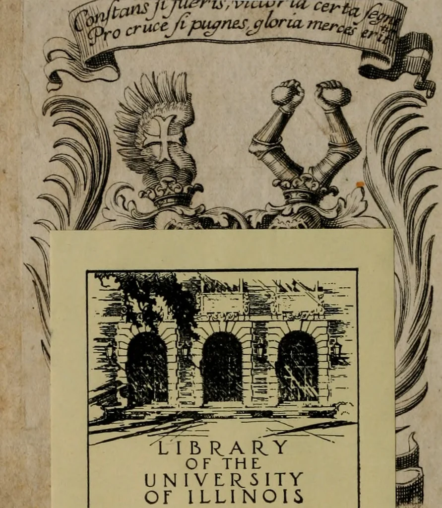An illustration from Philosophia sacra, sive, Vita divi Stanislai Kostka, Soc. Jesu : iconismis et documentis moralibus illustr[a]ta, ac ejusdem divi praeviis apotheoseos honoribus humillimè consecrata, 1715, leaf 1