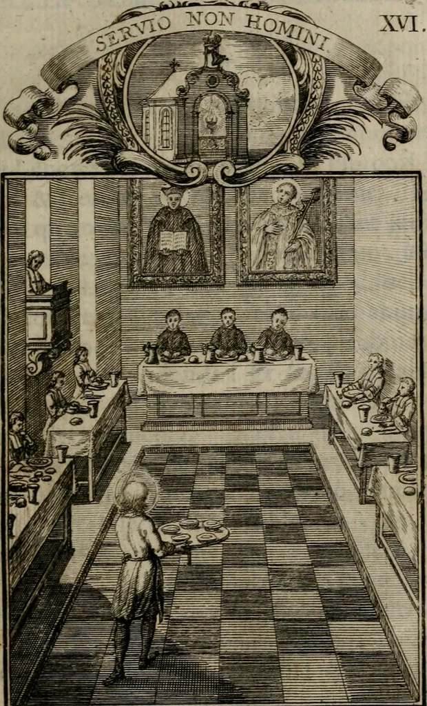 An illustration from Philosophia sacra, sive, Vita divi Stanislai Kostka, Soc. Jesu : iconismis et documentis moralibus illustr[a]ta, ac ejusdem divi praeviis apotheoseos honoribus humillimè consecrata, 1715, leaf 104