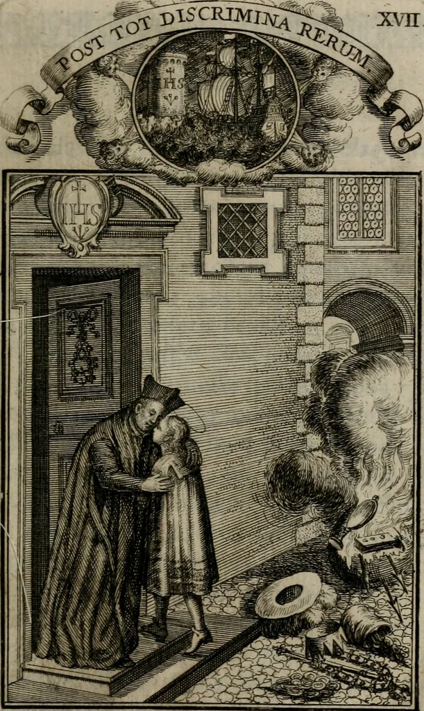 An illustration from Philosophia sacra, sive, Vita divi Stanislai Kostka, Soc. Jesu : iconismis et documentis moralibus illustr[a]ta, ac ejusdem divi praeviis apotheoseos honoribus humillimè consecrata, 1715, leaf 110