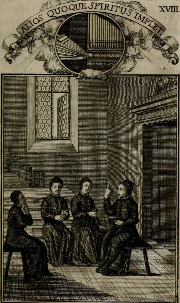 An illustration from Philosophia sacra, sive, Vita divi Stanislai Kostka, Soc. Jesu : iconismis et documentis moralibus illustr[a]ta, ac ejusdem divi praeviis apotheoseos honoribus humillimè consecrata, 1715, leaf 116
